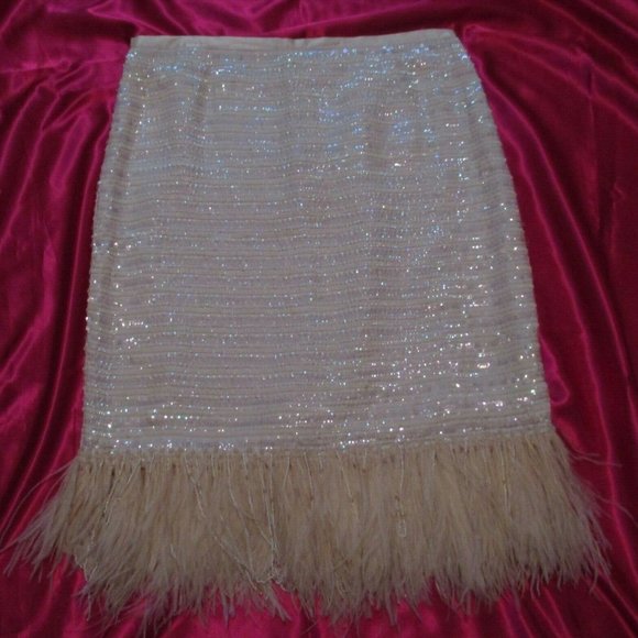 ARMANI COLLEZIONI IVORY SILK SEQUIN BEADED FRINGE DRESS SKIRT 6 8 42 - Picture 1 of 7
